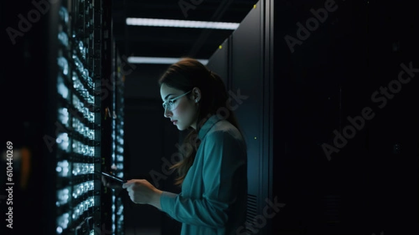 Fototapeta Technik pracujący w centrum danych. Zarządzanie przeprowadzanie serwerów systemowych diagnostyka i konserwacja w środowisku zaawansowanych technologicznie. Administrator systemu technologii cyfrowej. generatywny AI