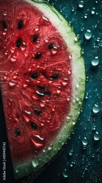 Fototapeta Fresh Organic Watermelon Fruit Photorealistic Vertical Background. Healthy Vegetarian Diet. Ai Generated Lifelike Background with Delicious Juicy Watermelon Fruit. Generative AI