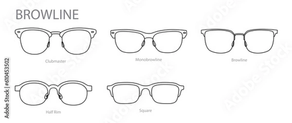 Fototapeta Set of Browline frame glasses fashion accessory illustration. Sunglass front view for Men, women, unisex silhouette style, flat rim spectacles eyeglasses with lens sketch style outline isolated