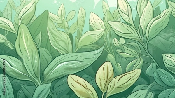 Obraz Aromatic Sage Herbs Cartoon Horizontal Background Illustration. Healthy Vegetarian Diet. Ai Generated drawing Background Illustration with Delicious Aromatic Sage Herbs. Generative AI