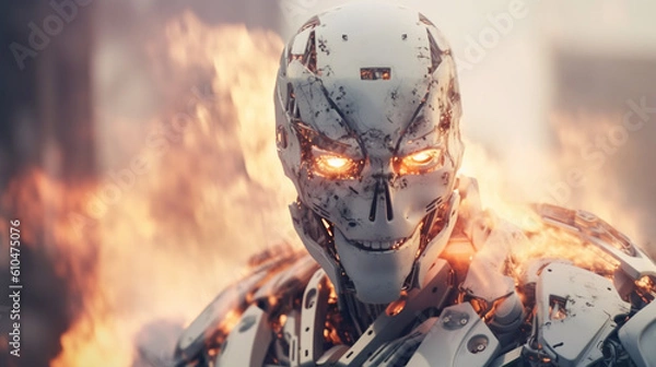 Fototapeta burning robot at war, robot humanoid android with artificial intelligence, fire and flames, suffering and destruction, war zone or end of the world and end of humanity or autonomous war weapon