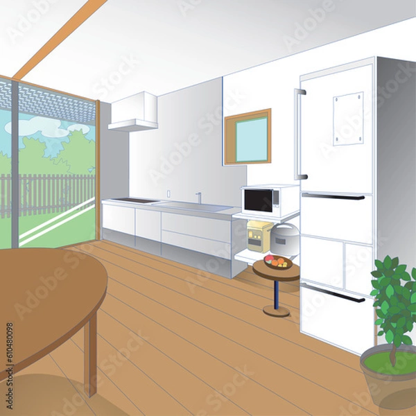 Obraz 大きな窓のあるダイニングキッチンのベクターイラスト