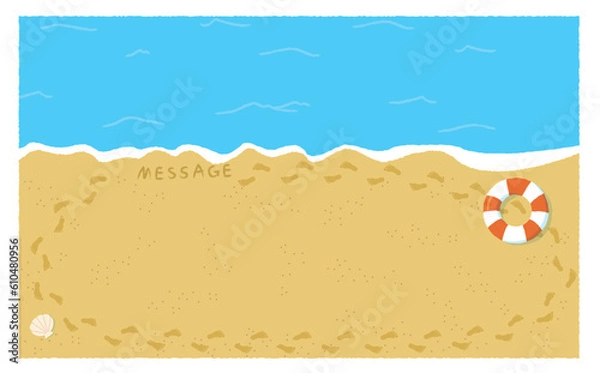 Fototapeta 夏のビーチの赤い浮き輪と貝殻の裸足の足跡フレーム