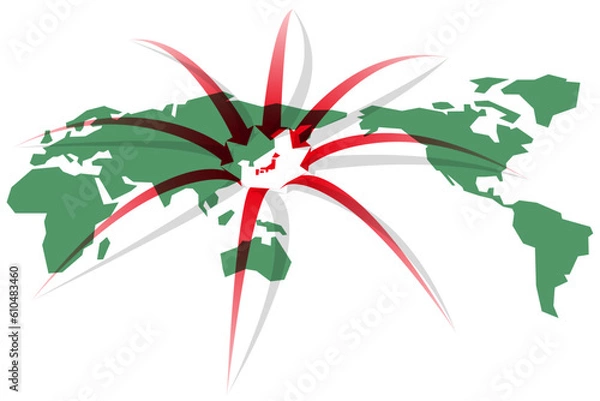 Obraz 八方から日本にのびる矢印の世界地図　ベクターイラストレーション