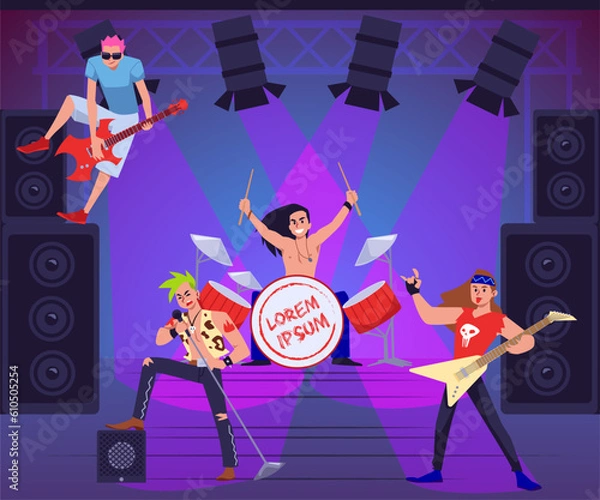 Fototapeta Emotional rock band performs on stage flat style, vector illustration