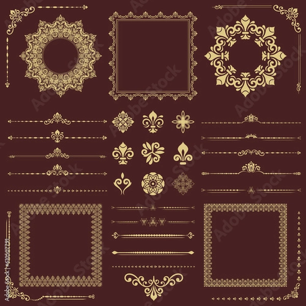 Fototapeta Vintage set of horizontal, square and round elements. Different elements for backgrounds, frames and monograms. Classic brown and golden patterns. Set of vintage golden patterns