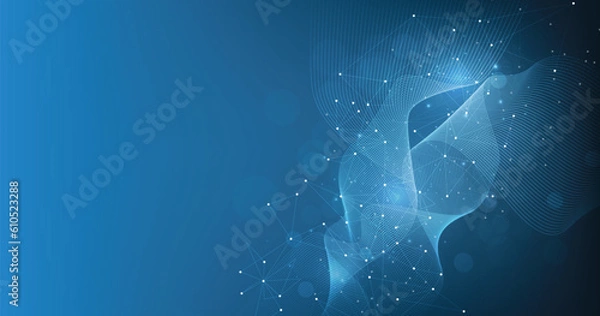 Fototapeta Abstract connection on dark blue background. High-tech Network technology background with dots and lines connection system.Vector abstract technology on blue background.	