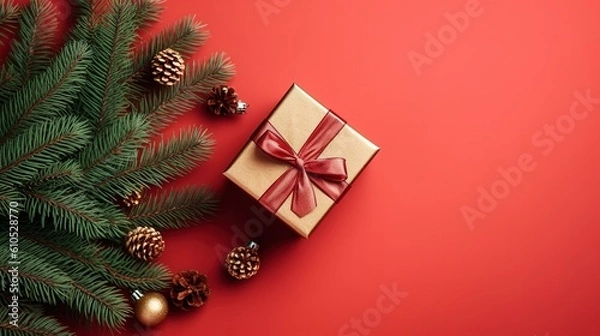 Fototapeta Christmas background with fir tree branches, gift boxes and golden balls on red background, top view, created by generative AI
