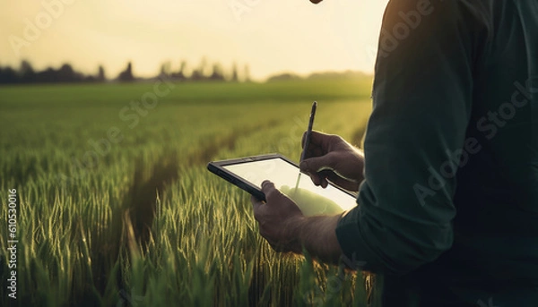 Obraz agronomist using a tablet in an agricultural field, Generative AI