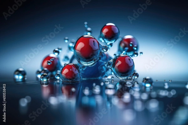 Fototapeta Microscopic view of liquid atom reaction - Generative AI