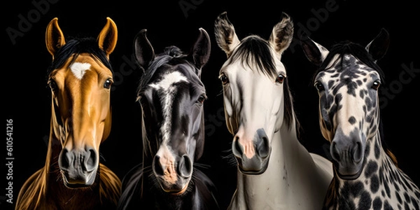 Fototapeta Portrait of 4 horses of different colors - IA générative