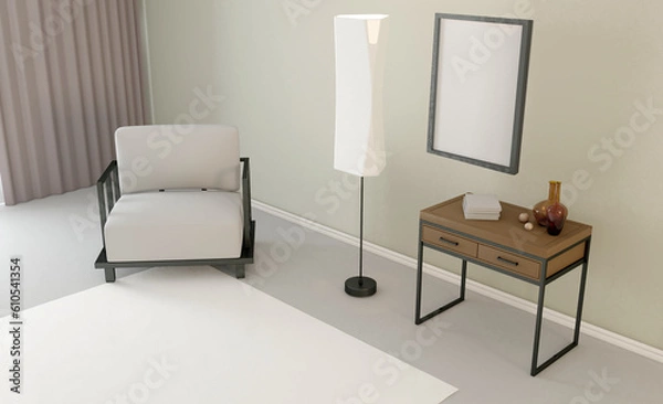Fototapeta Furniture set with table, chairs and devices. 3D rendering.. Mockup.   Empty paintings