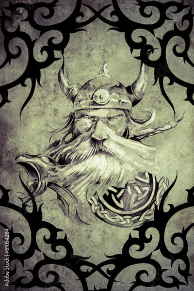 Fototapeta Tattoo art design, viking warrior decorated with tribal artworks