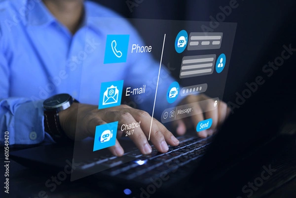 Fototapeta Chatbot conversation concept. Virual assistance CRM software automation technology. Customer chating online for ask about service wiht chatbot.