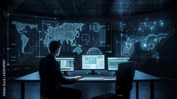 Fototapeta Businessman working on computer and world map hologram, business strategy virtual screen as concept, modern office, modern control room, Generative AI.