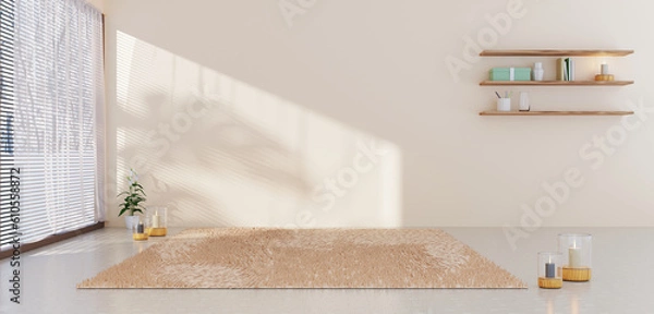 Fototapeta Pastel rooms with candles lit around the room and carpet on the floor Outside the window is a snowy view in winter 3D illustration