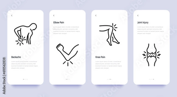 Obraz Arthritis thin line icons set: backache, elbow pain, knee pain. Vector illustration, editable stroke.