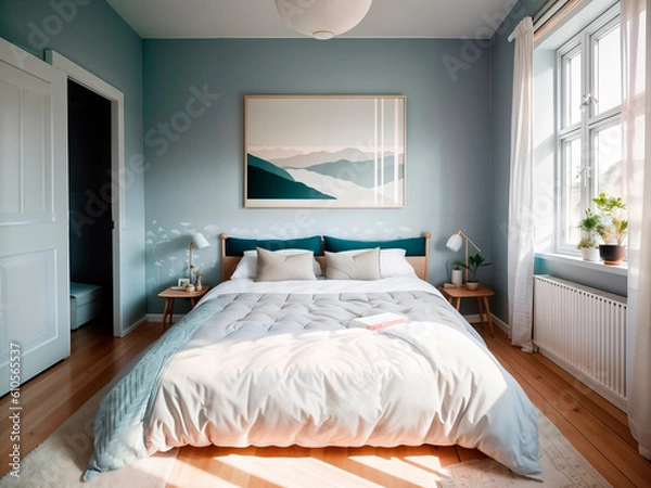 Fototapeta Bedroom in scandinavian style. Generative AI