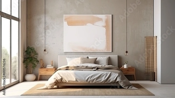 Fototapeta Elegant bedroom with a vacant white poster. Ad concept, aesthetics, and design. a mockup Generative AI
