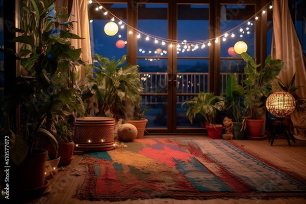 Fototapeta House with cozy boho ethnic interior in living room at night, pillows, cushions, green plants in a flower pot, couch or sofa and decoration at home, lighting