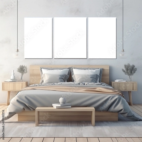 Fototapeta A Suite Scandinavian beach above the bed with 3 mockup wall art,generative AI