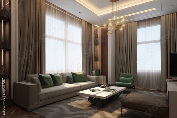 Fototapeta contemporary living room furnished with a sofa. enjoying some downtime. Generative AI
