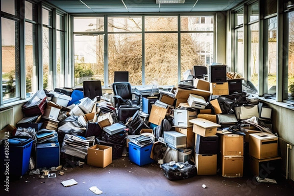 Fototapeta waste office rubbish ready for removal outside offices, garbage problem, Ai generative