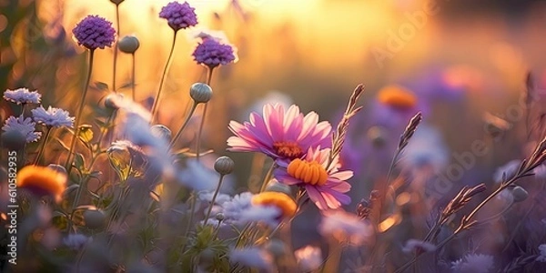 Fototapeta Springtime Beauty. Abstract Pastel Background of Blossoming Flowers and Trees in Nature