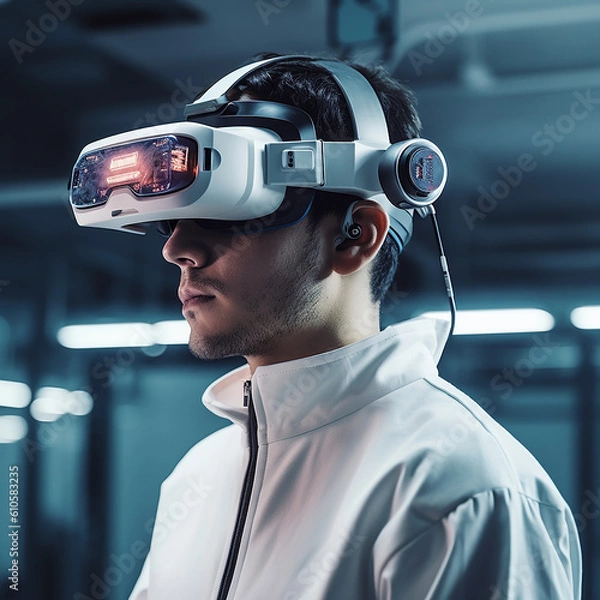 Fototapeta a man wearing vision pro or vr working in work station , generative AI