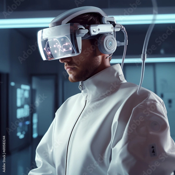 Fototapeta a man wearing vision pro or vr working in work station ,generative AI