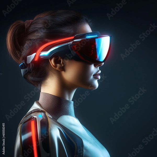 Fototapeta close up of a woman wearing vision pro or vr glasses on black background,side view, generative AI
