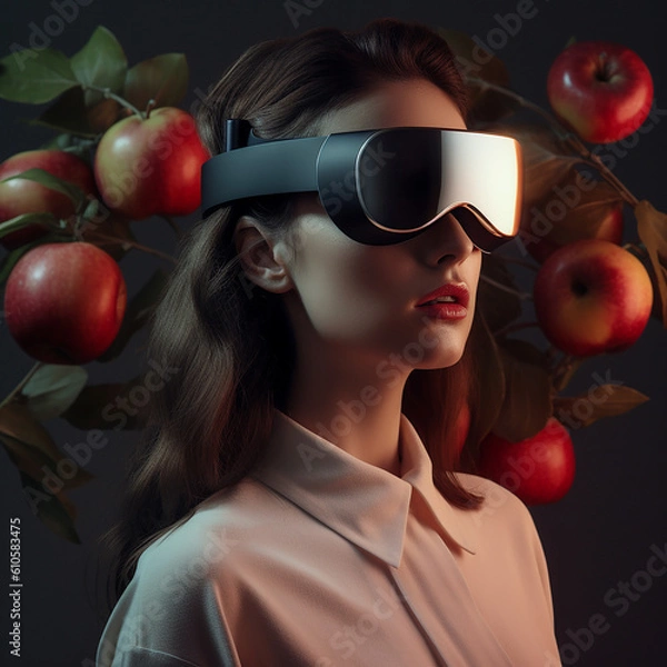 Fototapeta close up of a woman wearing vision pro or vr glasses in natural environment ,generative AI