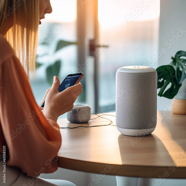 Fototapeta a woman using a voice-controlled smart speaker, home assistant, generative AI