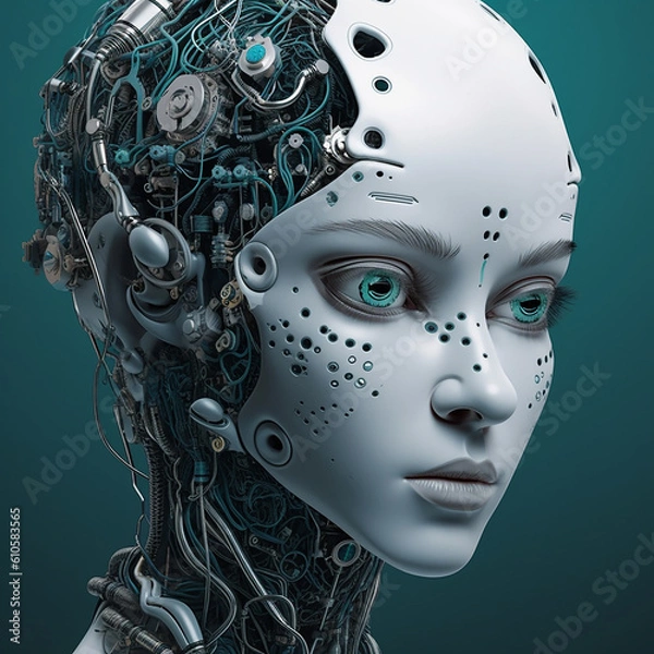 Fototapeta A side face of an woman artificial intelligence, like a human, generative AI