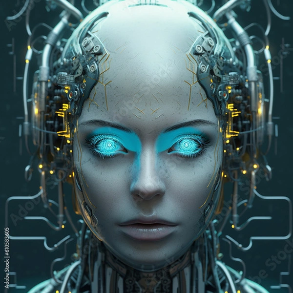 Fototapeta close up of an artificial intelligence face, like a human, generative AI
