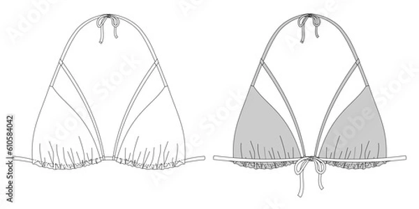 Obraz Woman triangle bikini technical drawing, template, sketch, flat, mock up. Recycled fabric swimwear front and back view, white color