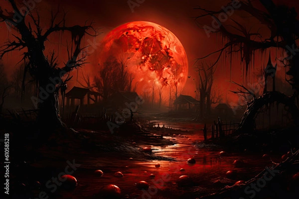 Fototapeta sinister halloween night scene with a red moon, blood river and creepy trees, Generative AI