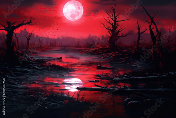 Fototapeta beautiful red moon with a reflection in the river, creepy trees, halloween, Generative AI