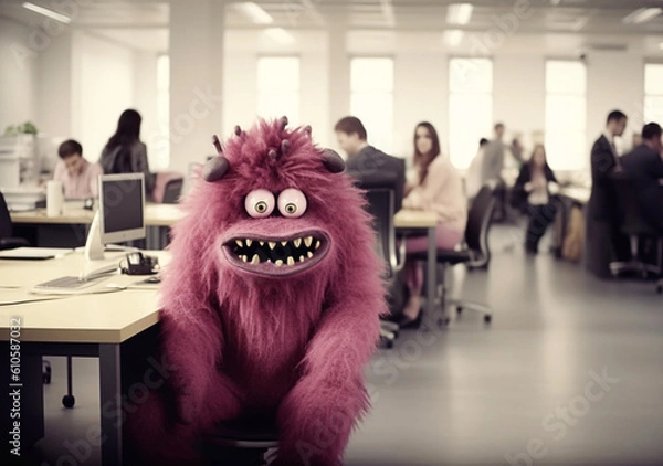 Fototapeta Cute pink ruffled monster with big bulging eyes in office. Fatigue at work. Generative AI.