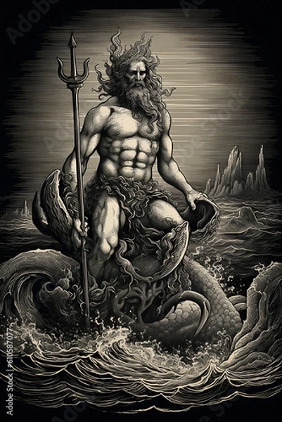 Obraz Engraving portrait of Neptune the Roman god of the sea who's ...