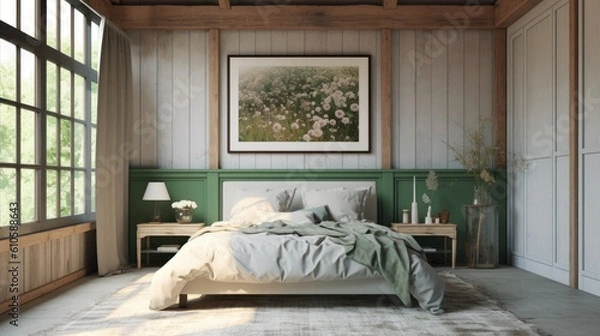 Fototapeta Mock-up of a frame in a farmhouse bedroom, Generative AI