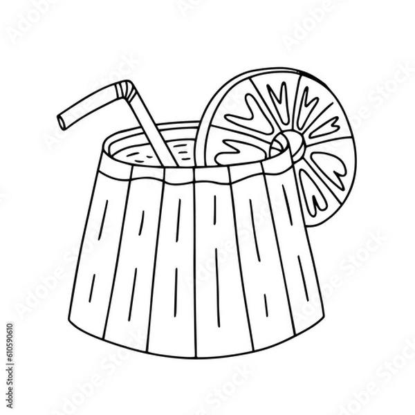 Fototapeta Vector pina colada cocktail with pineapple and straw sketch illustration