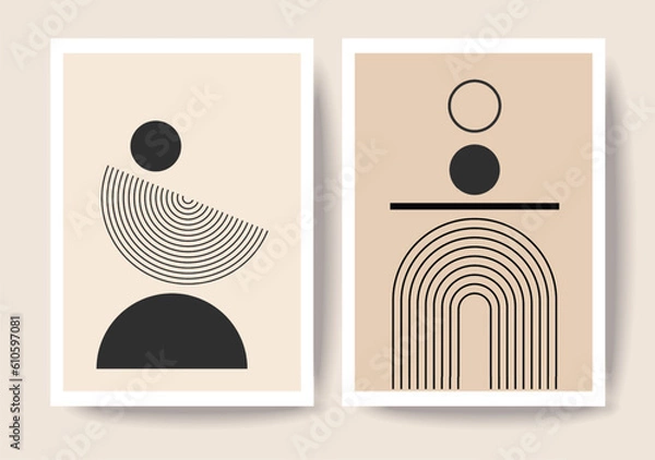 Obraz Mid Century Modern Art Print Set of 2, Neutral Beige Geometric Wall Art, Circle, Lines, Rainbow, and Arch	