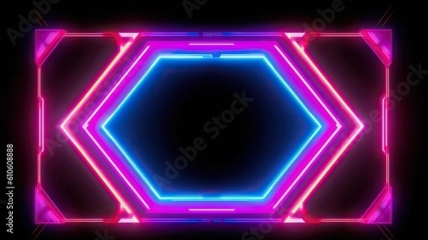 Fototapeta Game background, ultraviolet neon square portal, glowing lines, virtual reality, abstract fashion background, violet
