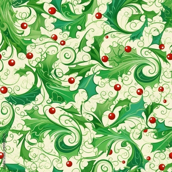 Obraz Seamless Christmas pattern with holly berry. illustration art, created by generative AI