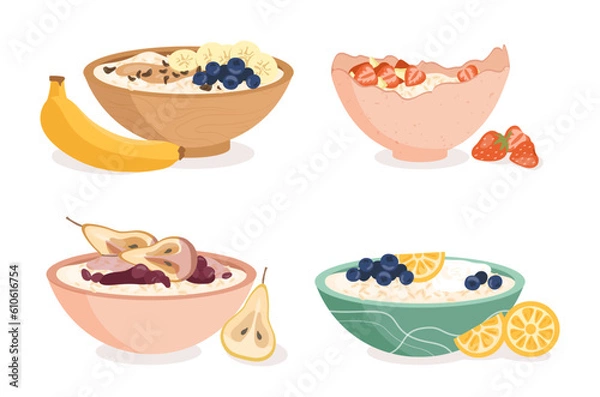 Fototapeta Plate of oatmeals with fruits set. Milk porridge with banana and berries. Healthy food and vegetarian diet, proper nutrition. Cartoon flat vector collection isolated on white background