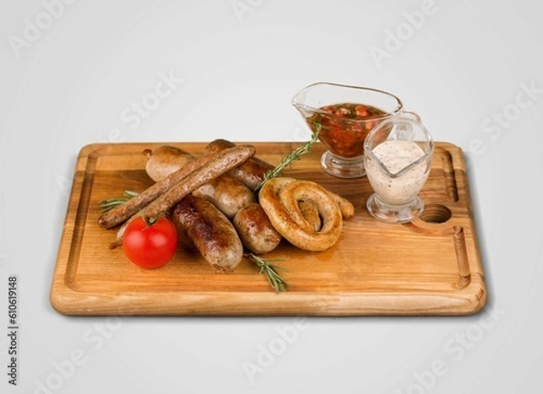 Fototapeta Appetizers wooden board with different tasty snacks