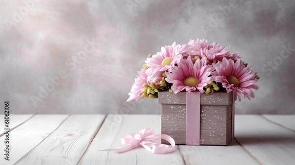 Obraz Surprise your loved ones with a gift box decorated with flowers generated by AI