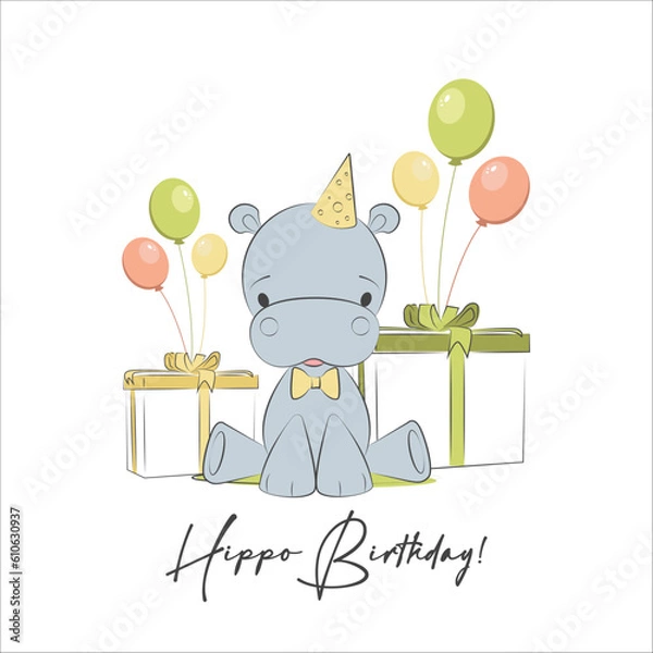 Obraz Birthday card invitation for kids. Happy hippo cute character with gifts and balloons vector illustration