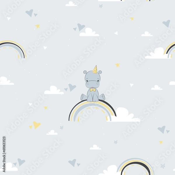 Obraz Lovely cute cartoon hippo sits on a rainbow on a blue background seamless pattern. vector  hippo pattern with clouds and hearts. background for nursery kids room wall